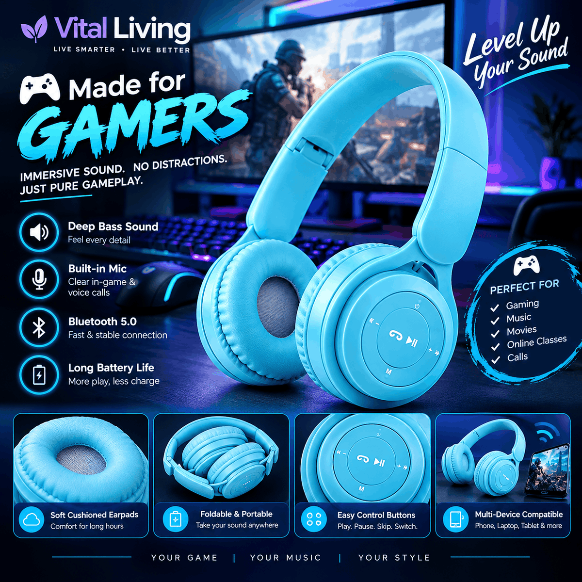 Wireless Gaming Headphones with Bluetooth, Deep Bass & Noise-Canceling Mic