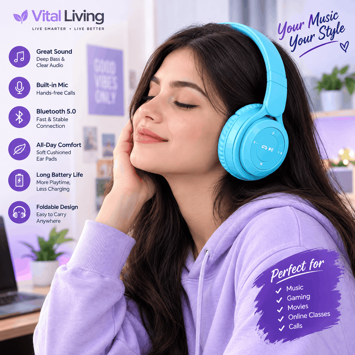Wireless Gaming Headphones with Bluetooth, Deep Bass & Noise-Canceling Mic